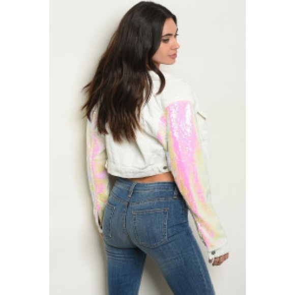 White pink sequin crop cotton jacket - Picture 2 of 2
